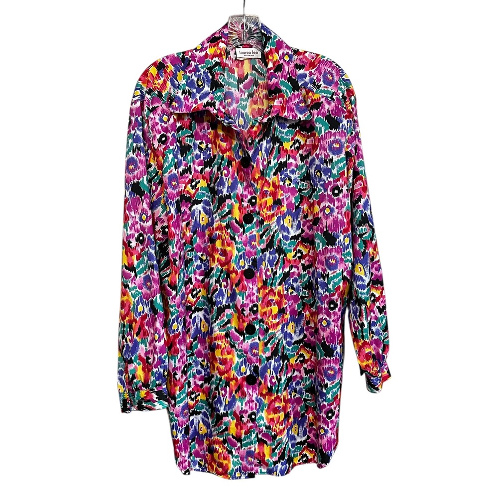 Vintage Lauren Lee Woman Abstract Floral Print Button Up‎ LS Tunic Top 20W Artsy